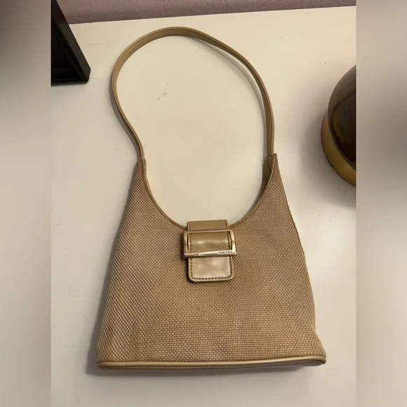 GUC Cream 90s Nine West structured leather & wicker shoulder bag - Picture 9 of 9